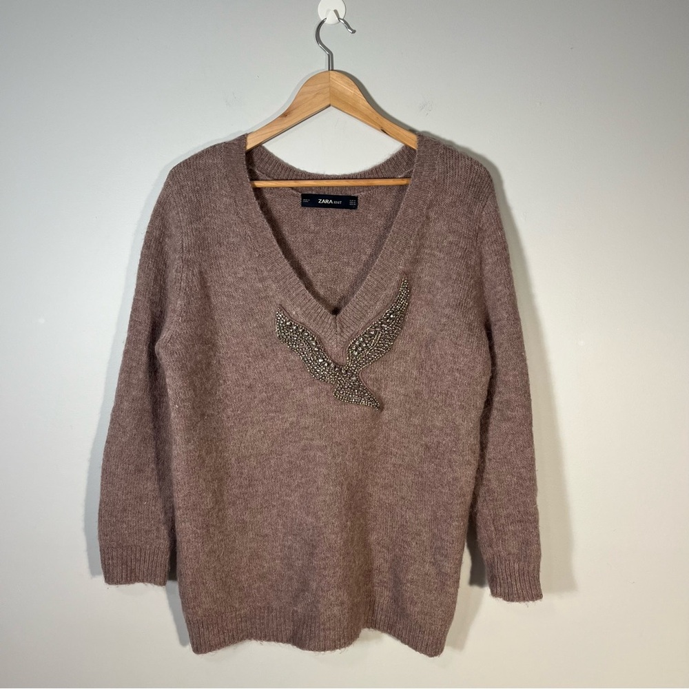 Zara Alpaca Blend Pink Diamanté Beaded Sparkle V Neck Sweater Medium - Picture 2 of 6